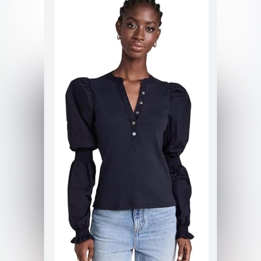 Veronica Beard Black Puff-Sleeve Henley Blouse